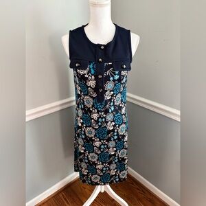 Tory Burch Silk Wool Floral Shift Dress Navy Teal Sleeveless Gold Button Small